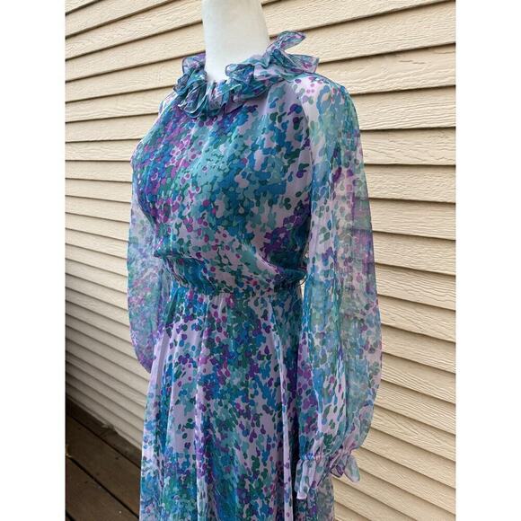 Vtg 60s Ruffle Maxi Dress M 6 8 Purple Floral Long Sleeve Modest Fairy Retro - Picture 2 of 11